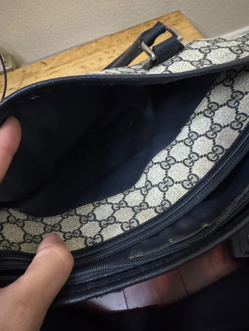 Gucci Beige Monogram Satchel with Navy Trim and Red-Navy Stripe